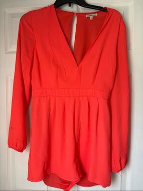 Charlotte Russe Coral-Orange Long-Sleeve V-Neck Romper